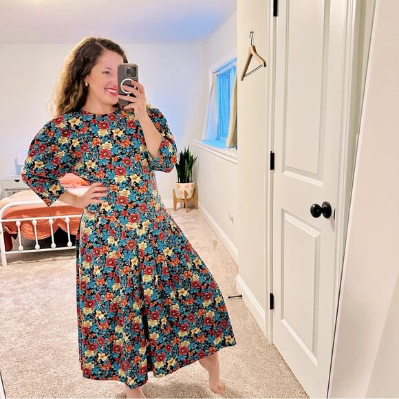 Vintage Britland Blue Red Floral Long Sleeve Maxi Dress Medium - Picture 1 of 13